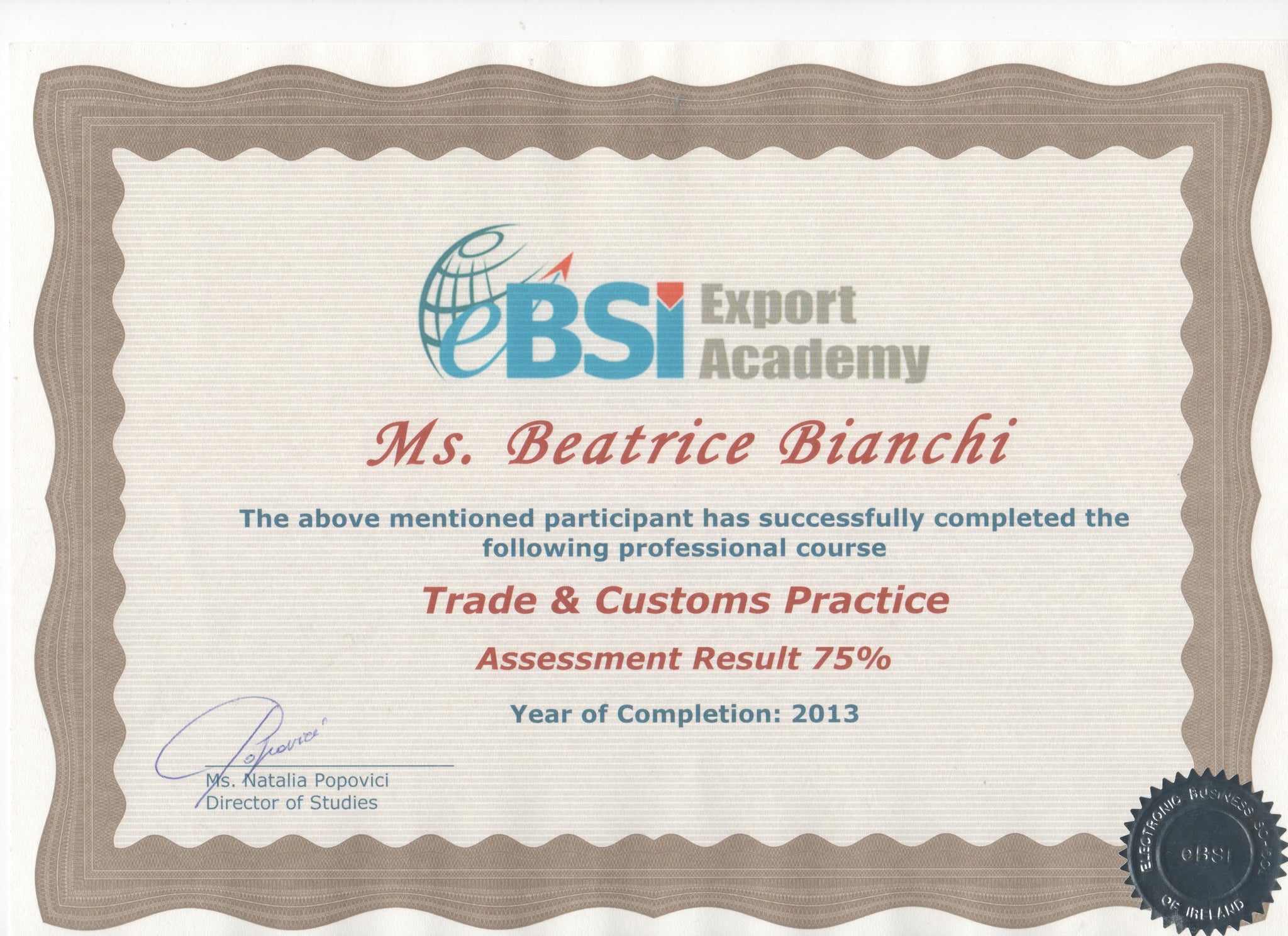 Certificate Issuing Fee – eBSI Export Academy
